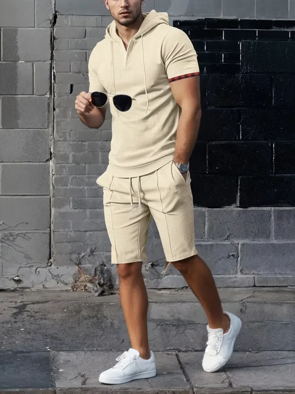 Zomer Heren Casual Sportieve 2-delig Set Sportmode met Capuchon en V-hals Korte Mouwen + Veelzijdige Effen Kleur Shorts, Trendy en Vooruitstrevend Geschikt voor Casual Sport