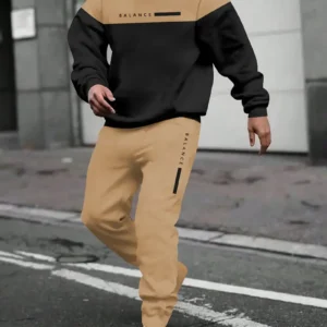 Casual Polyester Sweatsuit Set - Lange Mouw Hooded Top met Letter Print & Patchwork Design, Reguliere paszakbroek met trekkoord, Gebreide stof, Lichte rek