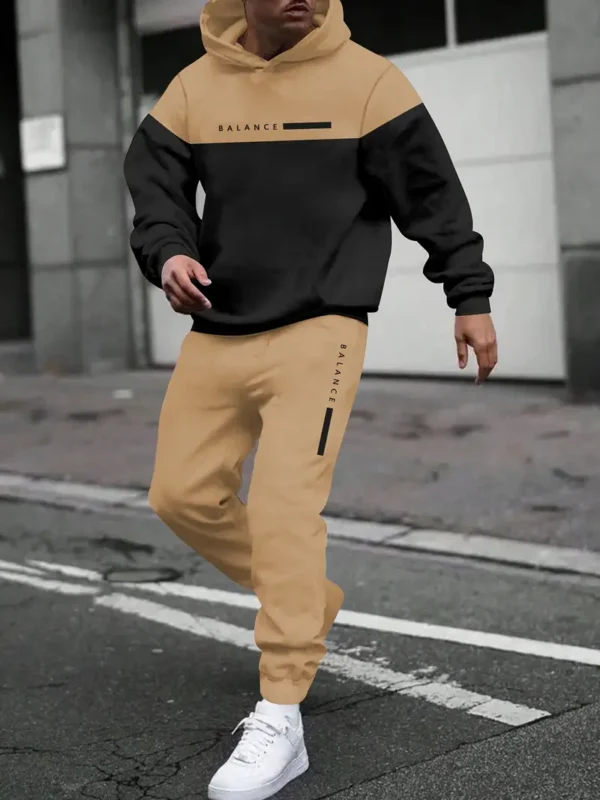 Casual Polyester Sweatsuit Set - Lange Mouw Hooded Top met Letter Print & Patchwork Design, Reguliere paszakbroek met trekkoord, Gebreide stof, Lichte rek